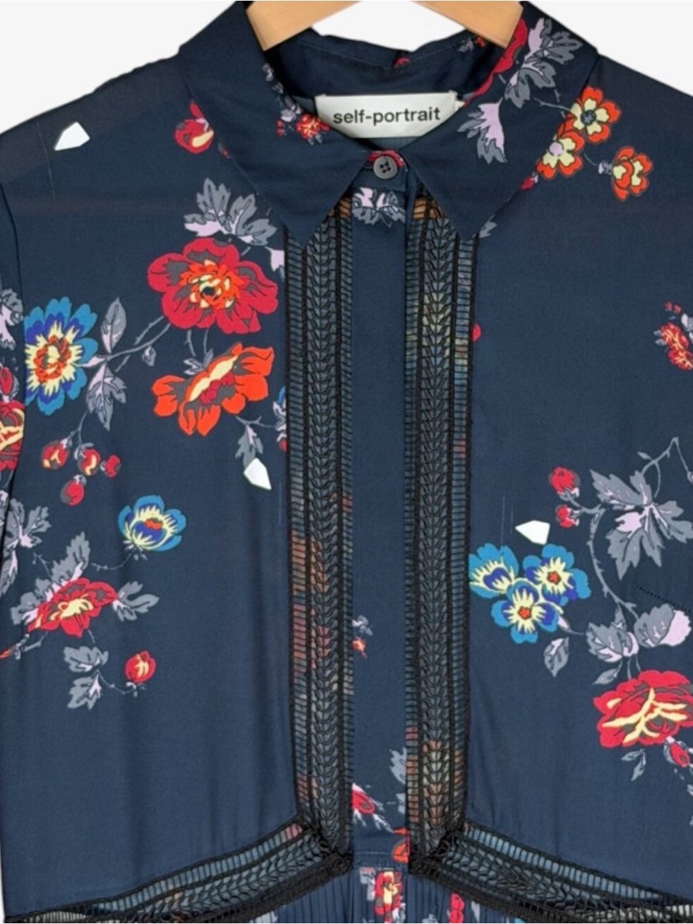 Self Portrait Navy Floral Long-Sleeve Midi Dress VGUC - Picture 7 of 11